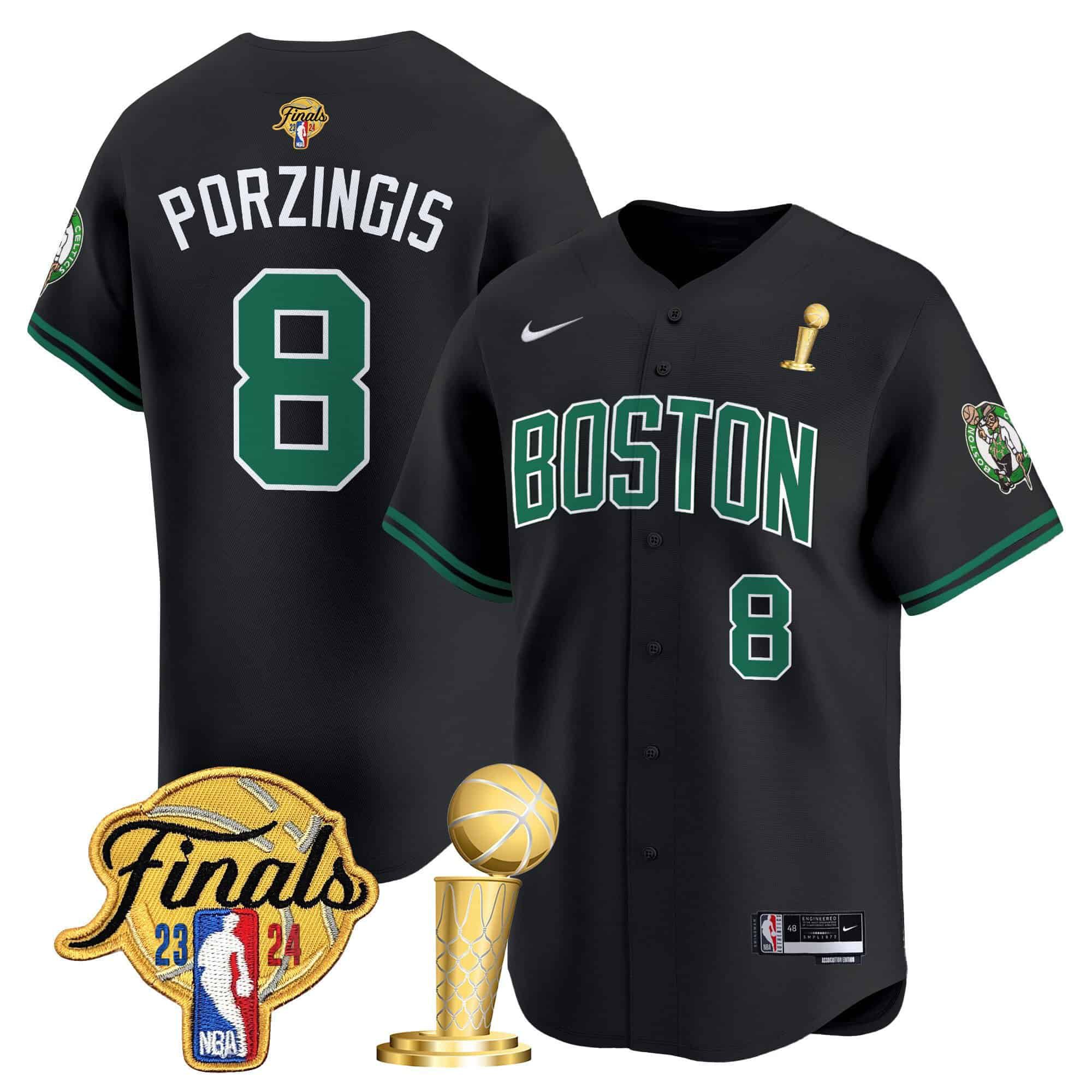 Men Boston Celtics 8 Porzingis Black 2024 Nike Final & Champions Patch Baseball NBA Jersey